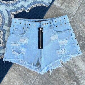 Zara Denim Distressed High Waist Shorts Size 4 Exposed Zipper